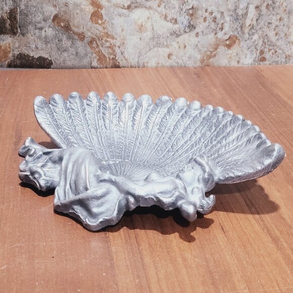 Vintage Cast Metal Trinket Dish Feather Fan Boudoir Lady - Picture 11 of 11